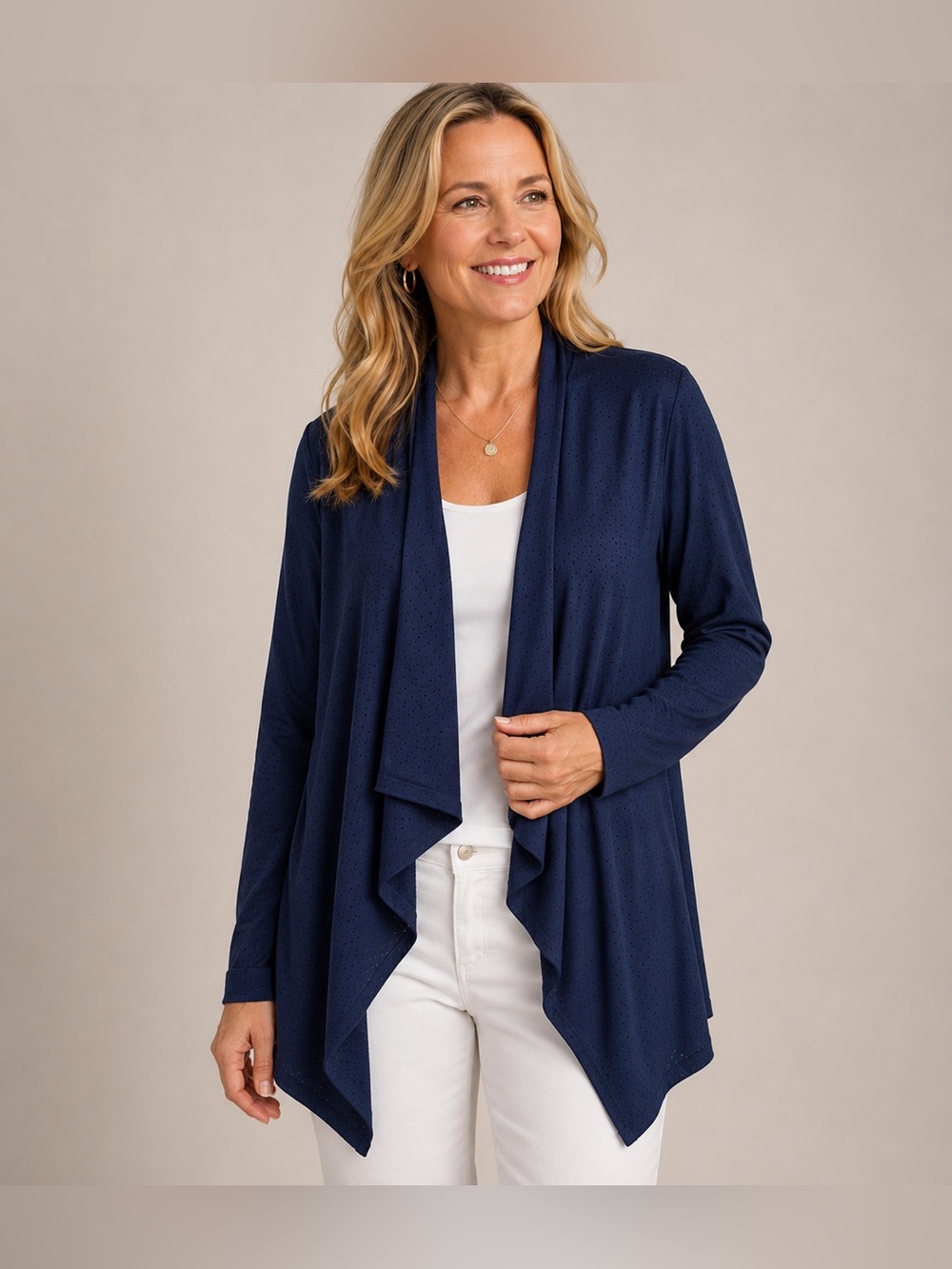 LANDS’ END Navy Blue Waterfall Cardigan Sweater